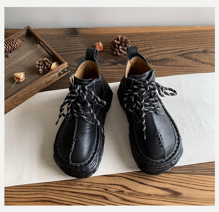 2025 年ウィンターモデル 頭層牛革ブサカワ大トゥ厚底フリース入りマーティンブーツ｜女性用レトロ保温ショートブーツ