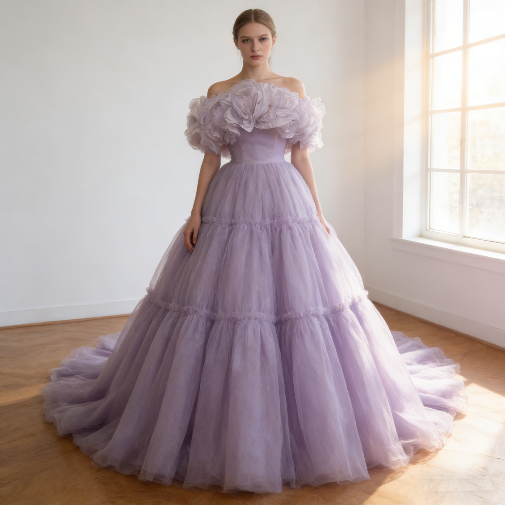 カラードレス オーキッド   フリルオフショルダー  華やかなトレーン  ソフトチュール  披露宴/結婚式
