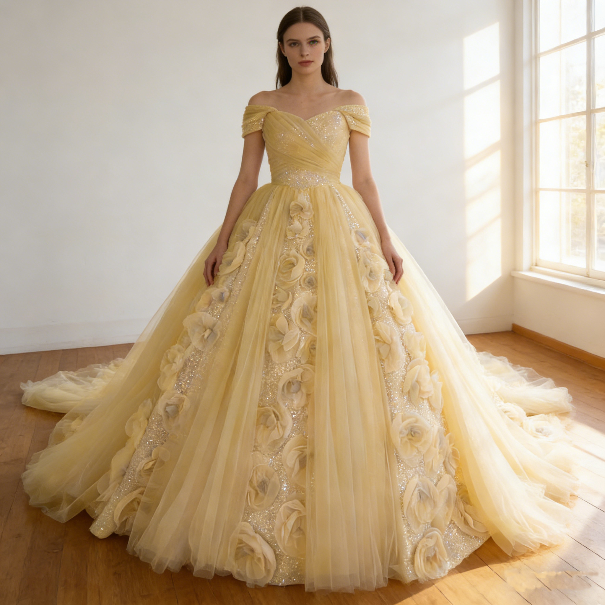 カラードレス  パステルイエロー   オフショルダー   バラトレーン  華やかなトレーン   目立つ  結婚式