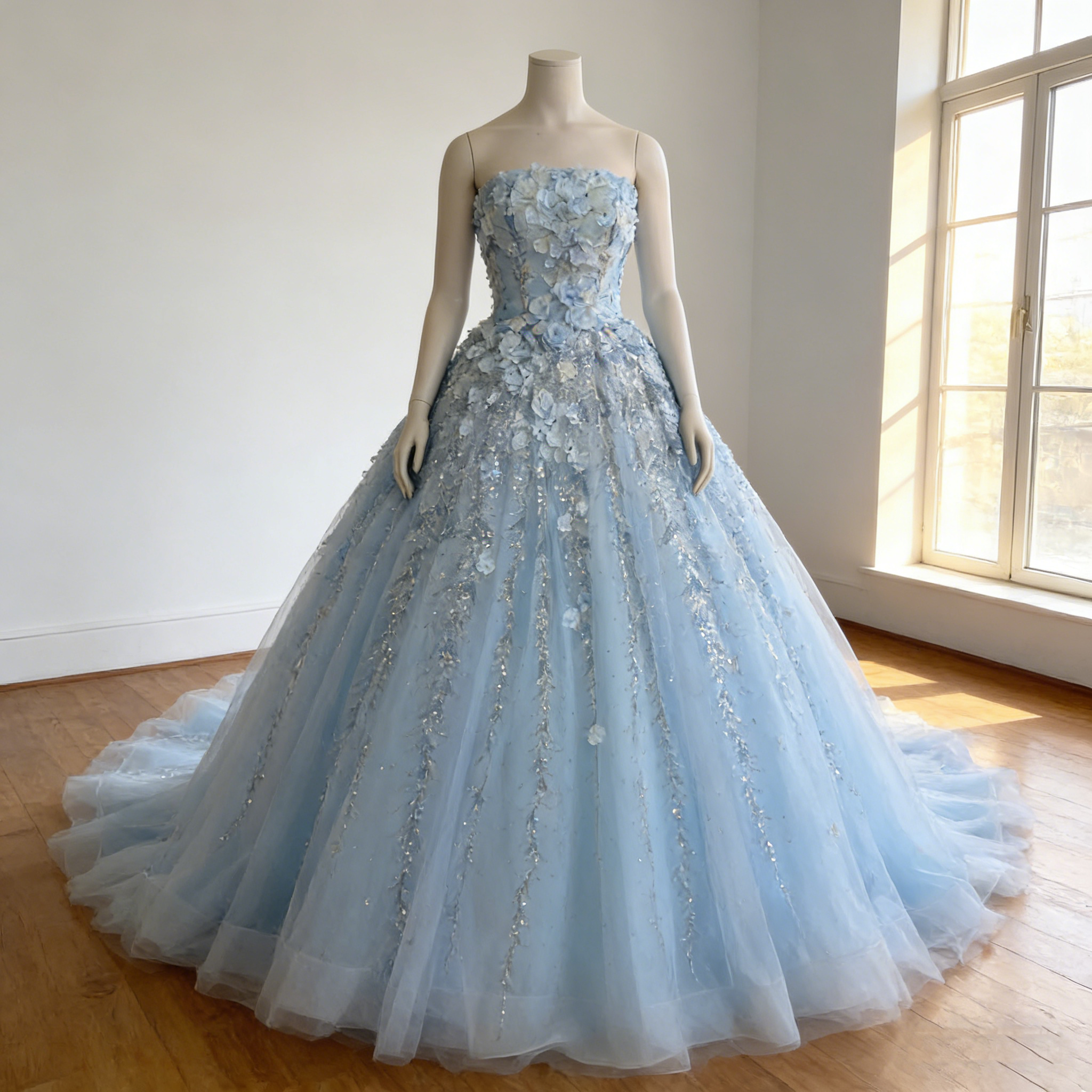 カラードレス  爽やかで優しいブルー 3D立体レース刺繍   ビスチェドレス  ロングトレーン   花嫁 前撮り