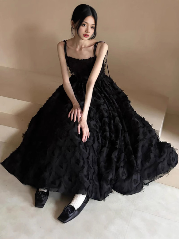 高級感 黒 ノースリーブ パーティードレス シンプル 韓国風 花嫁 演奏