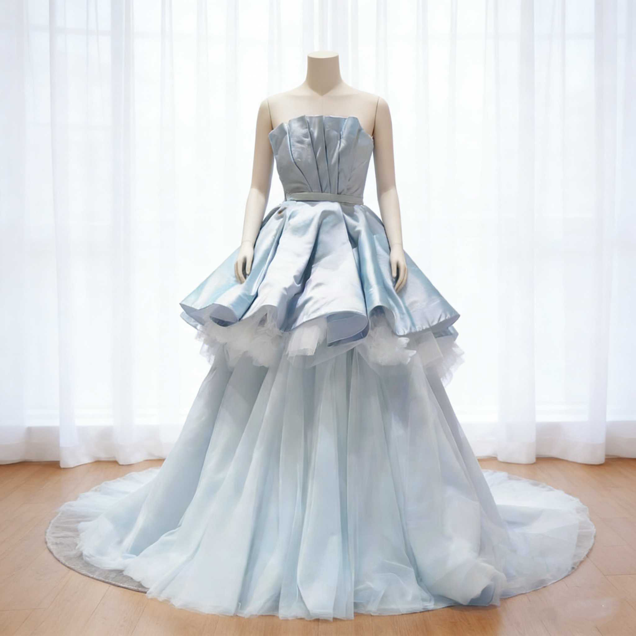 送料無料！カラードレス 爽やかで優しいブルー シルクタフタ チュールスカート ハンドドレープ 結婚式/披露宴