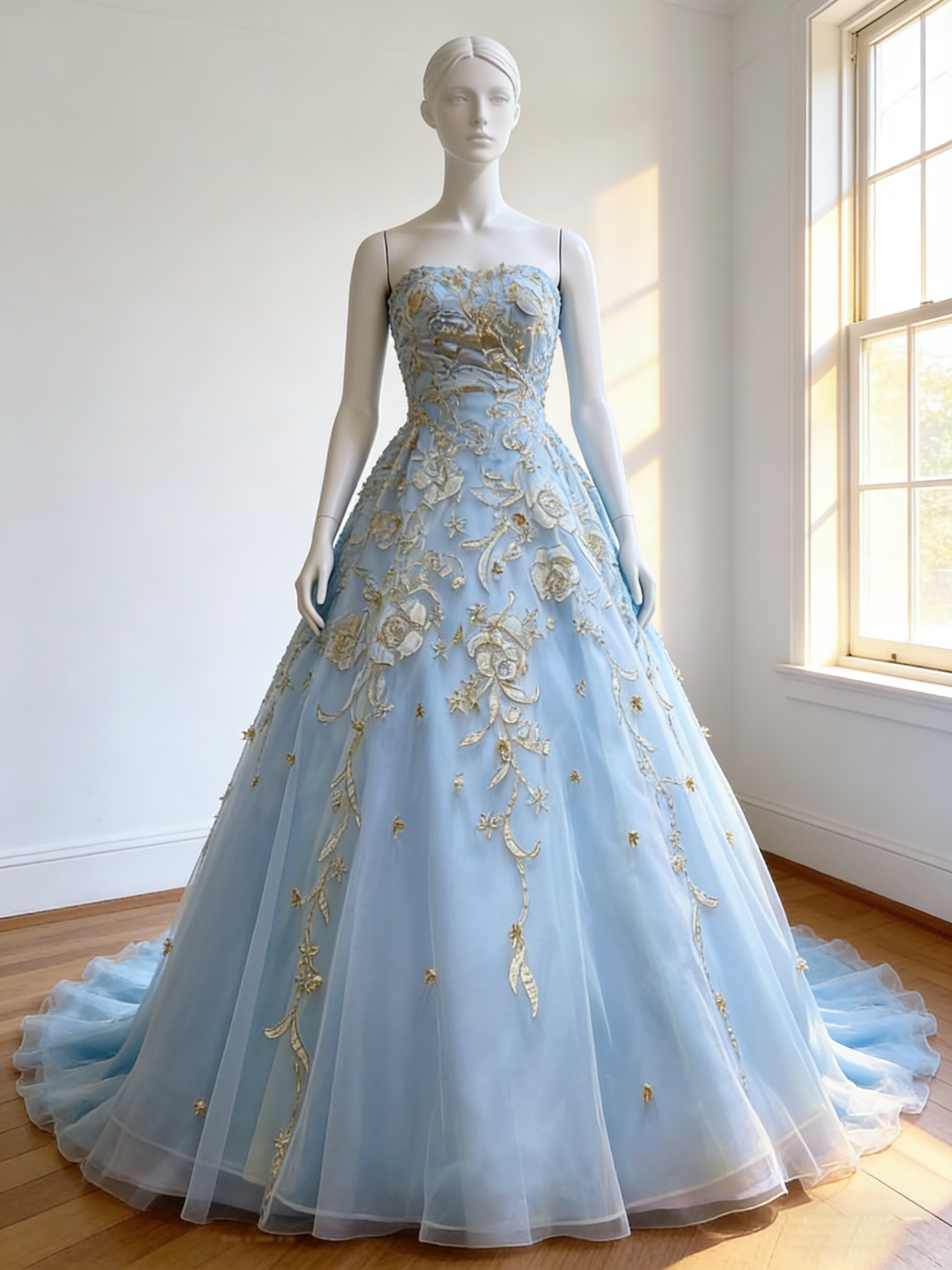 カラードレス  爽やかで優しいブルー  花柄モチーフで刺繍が美しい   ビスチェドレス  ロングトレーン  花嫁