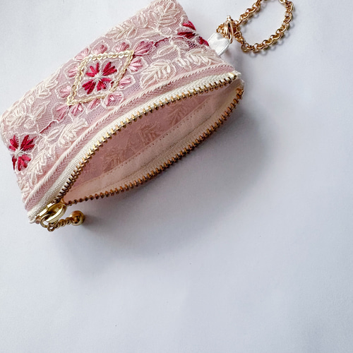 10cmファスナー・チュールシアーポーチ♡インド刺繍リボン♡ミニポーチ