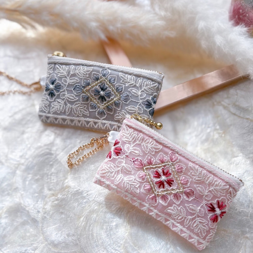 10cmファスナー・チュールシアーポーチ♡インド刺繍リボン♡ミニポーチ