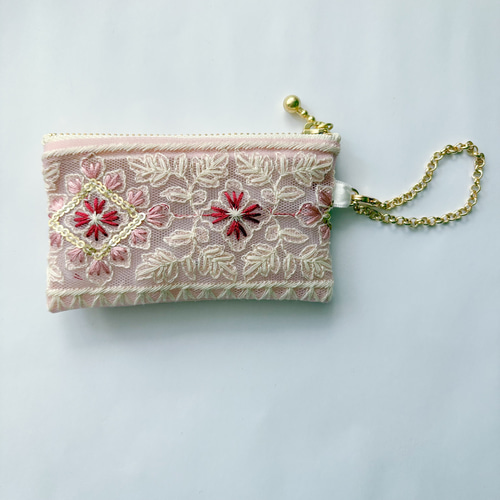 10cmファスナー・チュールシアーポーチ♡インド刺繍リボン♡ミニポーチ