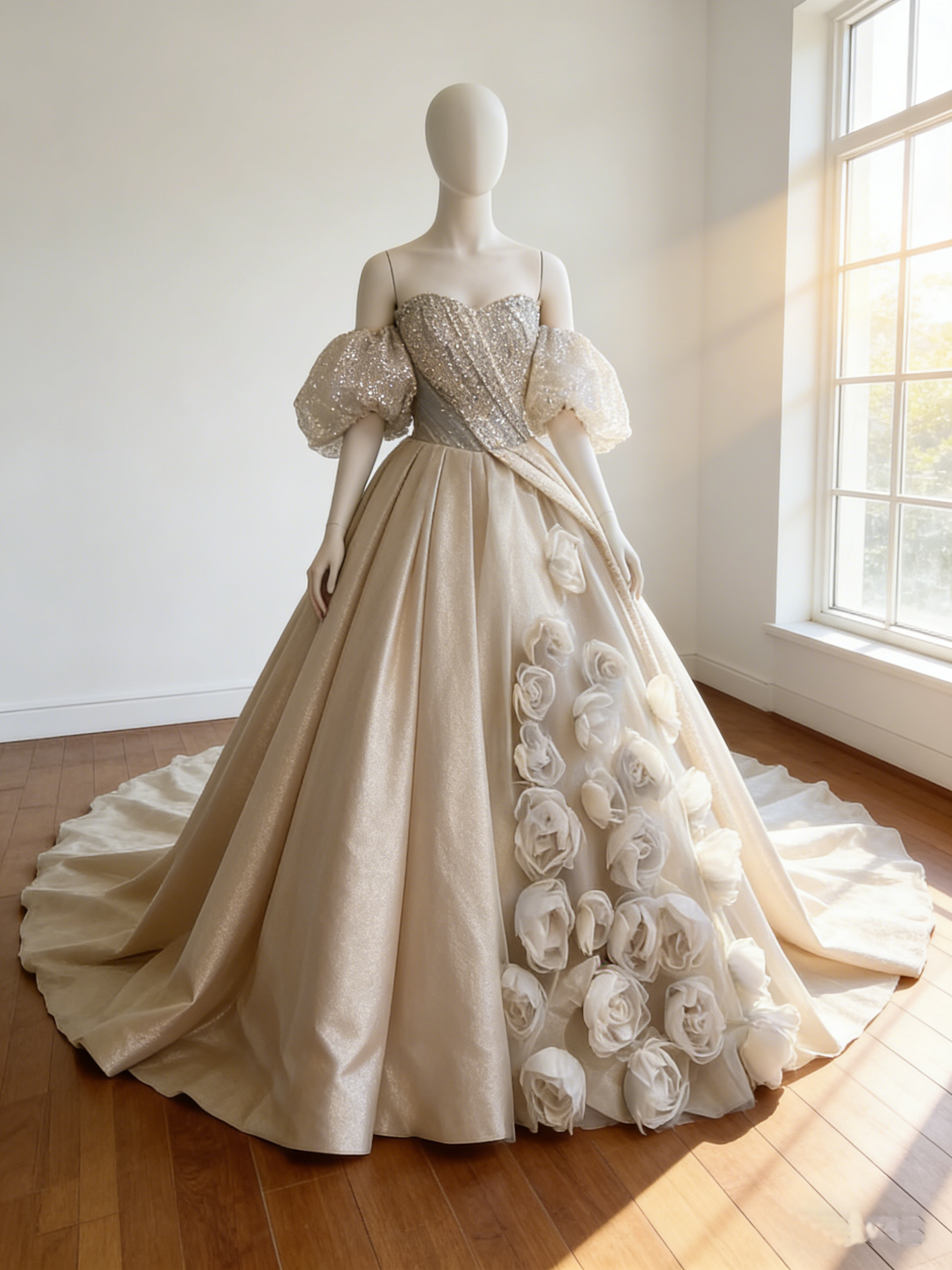 カラードレス   薄シャンパン色   バラトレーン   取り外し可能な付け袖   シークインチュール   スリット