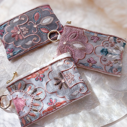 12cmファスナー・チュールシアーポーチ♡インド刺繍リボン♡ミニポーチ