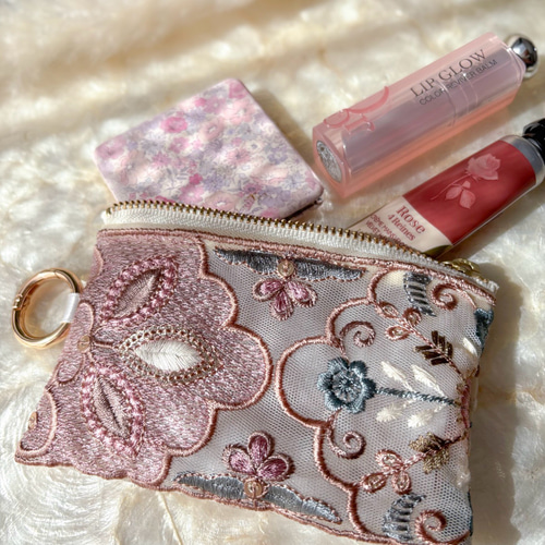 12cmファスナー・チュールシアーポーチ♡インド刺繍リボン♡ミニポーチ