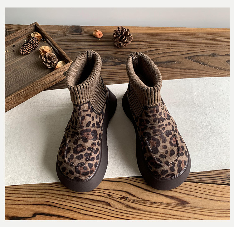 2025 年ウィンター新モデル レトロレオパード柄 女性用大トゥマーティンブーツ｜ニットカフ付き フリース入り薄手綿入り