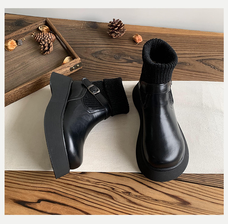 2025 年ウィンター新モデル 女性用厚底マーティンブーツ｜ニットカフ付き フリース入り薄手綿入り 脚長効果 UP 保温