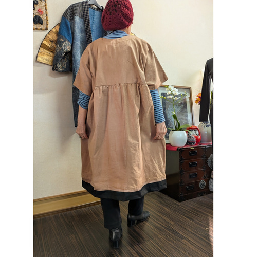 のぼり旗の柿渋染めチュニック 古布リメイク チュニック 着物リメイク