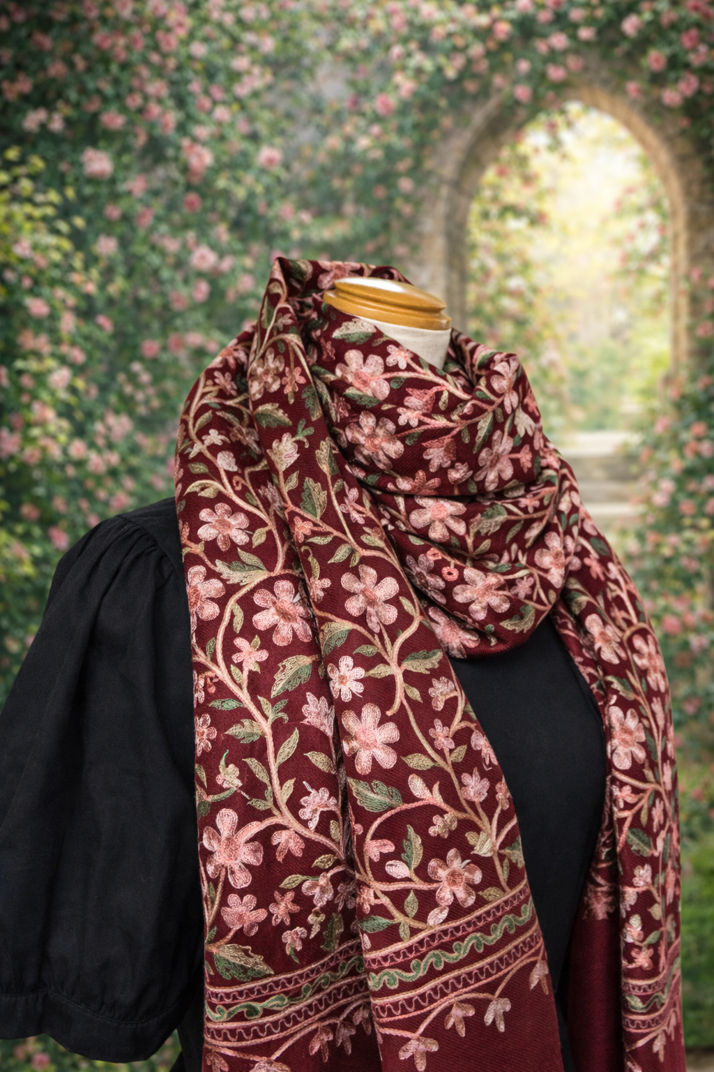 繊細な刺繍のウール大判ストール