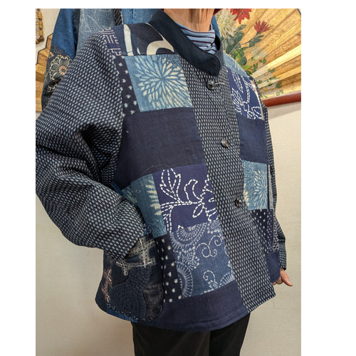 絣色々と筒がきのジャケット(裏キルティング) 古布リメイク ジャケット