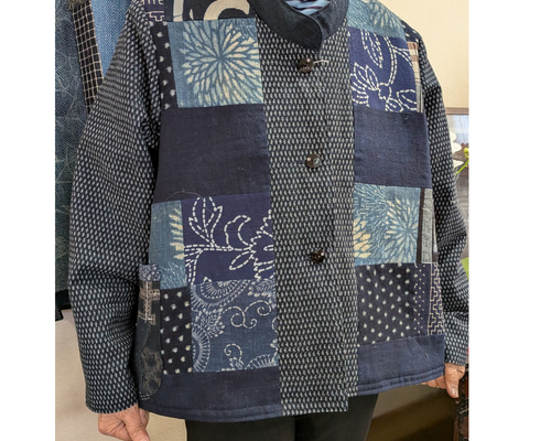 絣色々と筒がきのジャケット(裏キルティング) 古布リメイク ジャケット