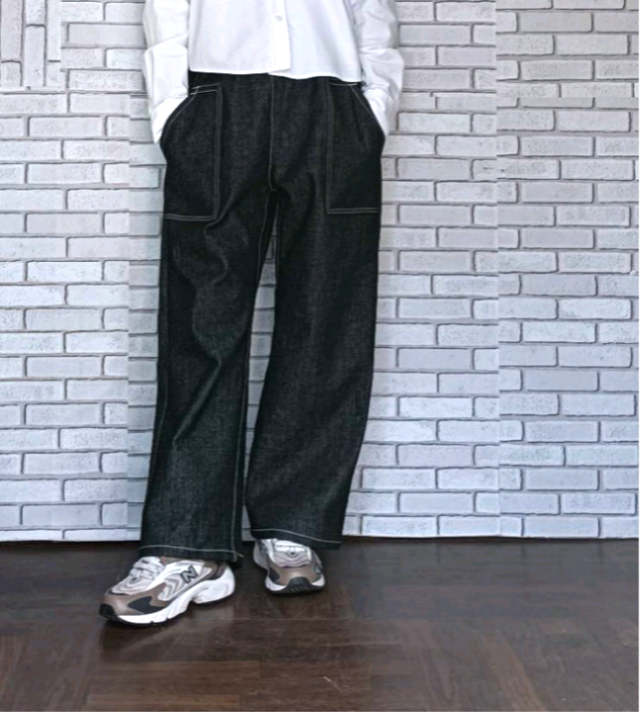 【岡山デニム】ワンウォッシュ ブラックデニムストレートパンツ  ／選べるポケット ／選べる サイズ