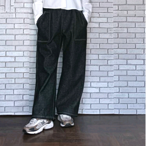 岡山デニム】ワンウォッシュ ブラックデニムストレートパンツ ／選べる