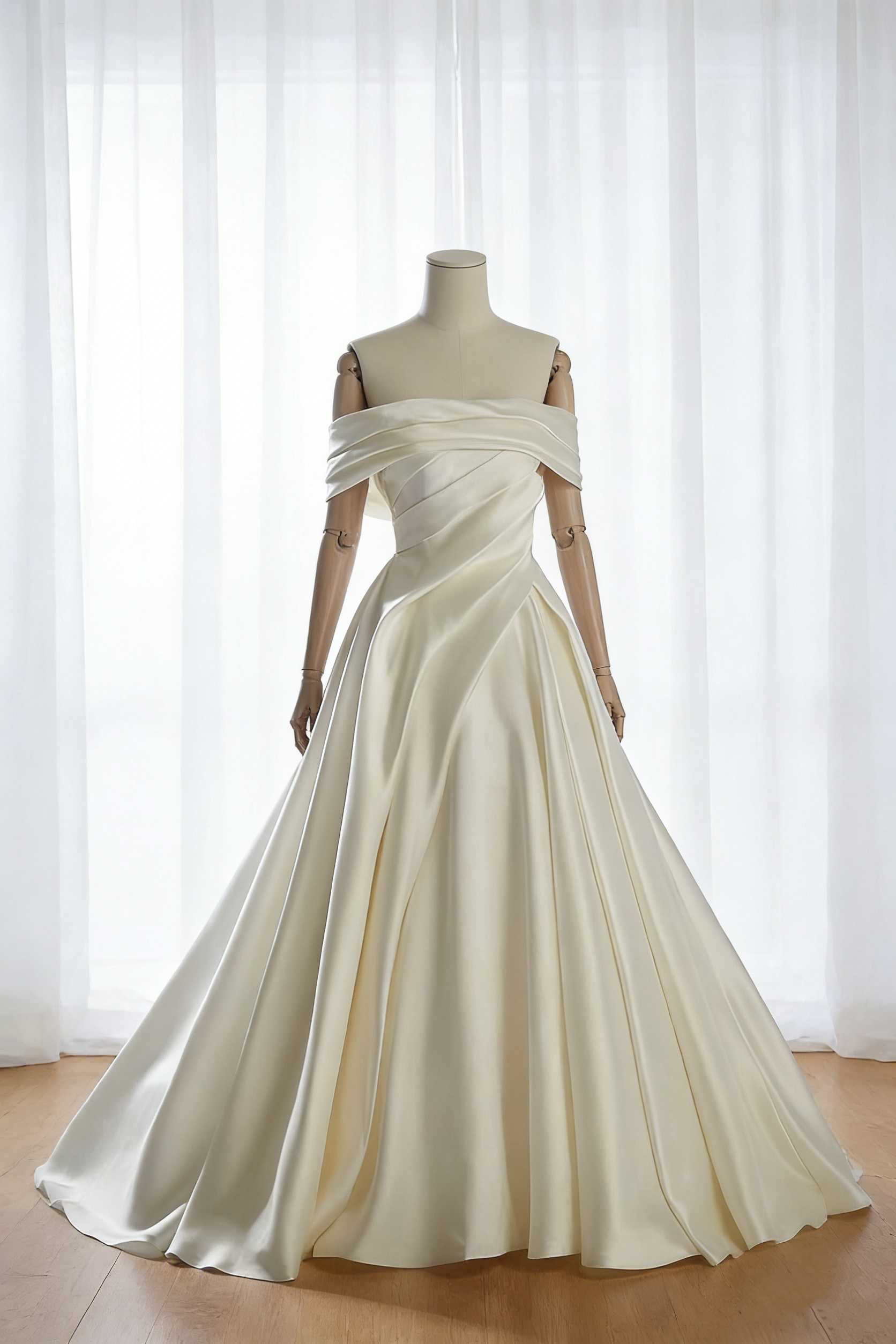 送料無料！ウエディングドレス オフショルダー ハンドドレープ 光沢サテン  Aライン 細見えシルエット ブライダル