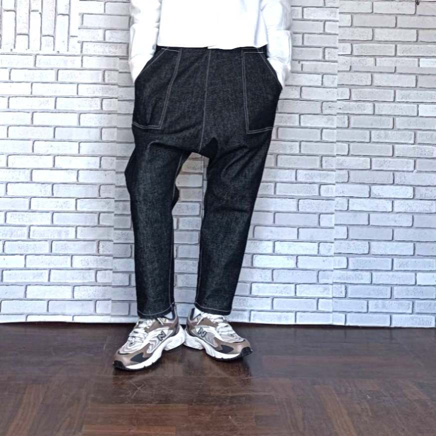 【岡山 デニム】ワンウォッシュ ブラックデニムサルエルパンツ ／ 選べるポケット／ 選べる サイズ
