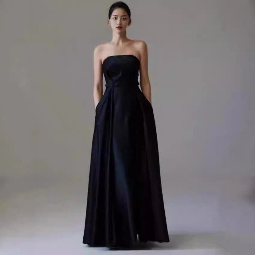 高級感 黒 白 サテン オフショルダー ウェディングドレス 韓国風 結婚式 花嫁 演奏会 誕生日 前撮り HL957