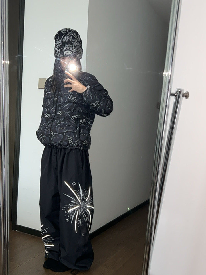 25-26 スノボウェア ジャケット単品 ダウンウェア リボン 猫柄 黒 撥水 メンズ レディース SK096