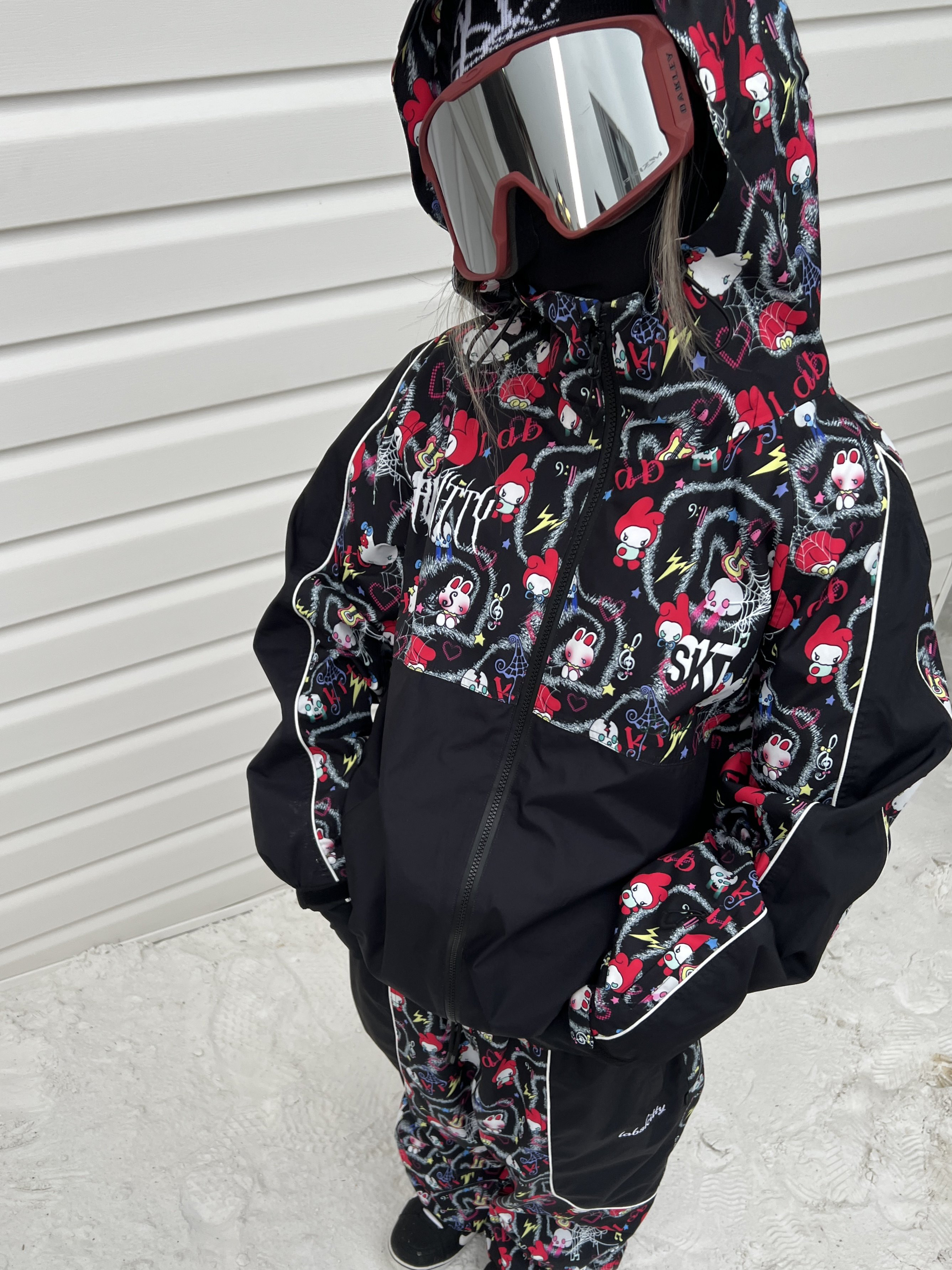 25-26 スノボウェア 上下セット 黒 可愛い プリント 撥水 メンズ レディース ジャケット パンツ SK098
