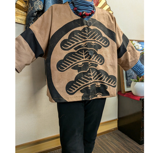 のぼり旗の柿渋染め前開きジャケット 古布リメイク ジャケット 着物