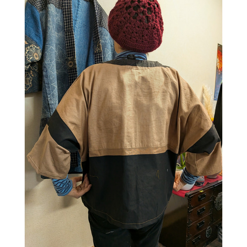 のぼり旗の柿渋染め前開きジャケット 古布リメイク ジャケット 着物