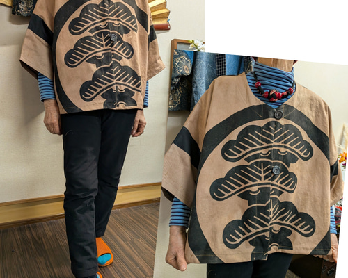 のぼり旗の柿渋染め前開きジャケット 古布リメイク ジャケット 着物