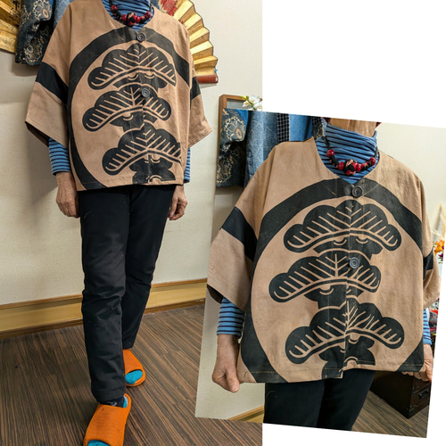のぼり旗の柿渋染め前開きジャケット 古布リメイク ジャケット 着物