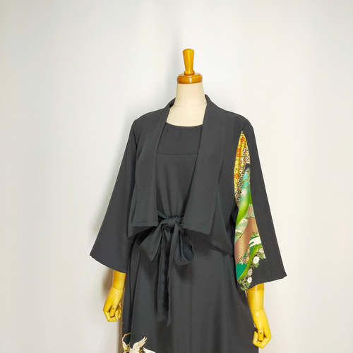 ★黒留袖アンサンブル*ノースリーブワンピ+ボレロ*着物リメイク正絹*L〜2L*㊸ 受注製作*黒留袖アンサンブル*ノースリーブワンピース+ボレロ*着物