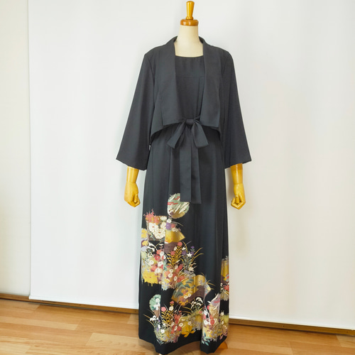 由美 着物リメイクワンピース ノースリーブ 黒×振袖 由美 着物リメイクワンピース ノースリーブ 黒×振袖 由美様 専用 着物