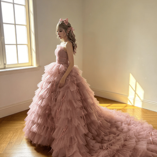 送料無料！カラードレス ピンク フリル袖 ティアードのドレス