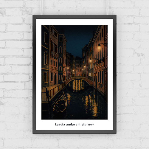 シルクスクリーン　ベネチア インテリアポスター 街並み 夜景 イタリア ヴェネツィア シルク