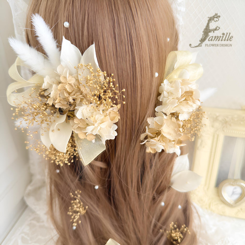 やさしい品格 ✧ ゴールド × ホワイト ｜ 髪飾り ハーフツイン 編み