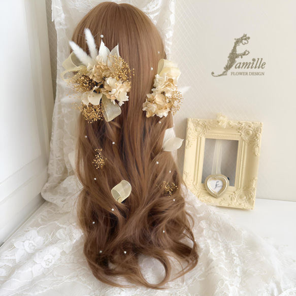 やさしい品格 ✧ ゴールド × ホワイト ｜ 髪飾り ハーフツイン 編み