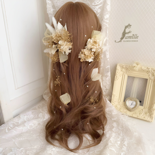 やさしい品格 ✧ ゴールド × ホワイト ｜ 髪飾り ハーフツイン 編み