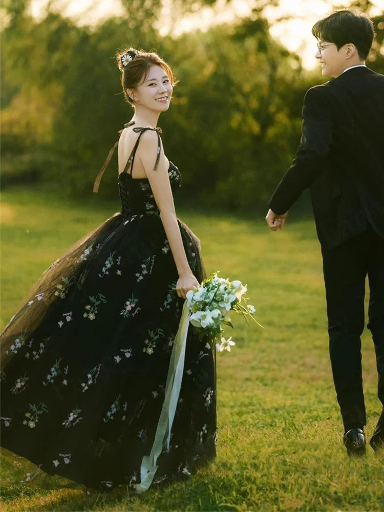 高級感 白 黒 シャンパン色 花 ふわふわ ウェディングドレス 韓国風 結婚式 花嫁 演奏会 誕生日 前撮り HL966