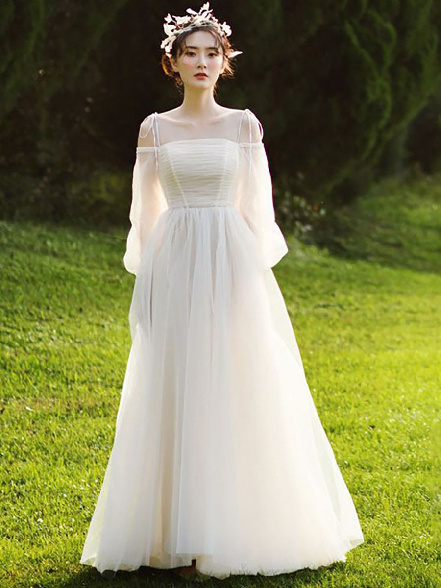 高級感 白 長袖 オフショルダー ウェディングドレス 綺麗 韓国風 結婚式 花嫁 演奏会 誕生日 前撮り HL969