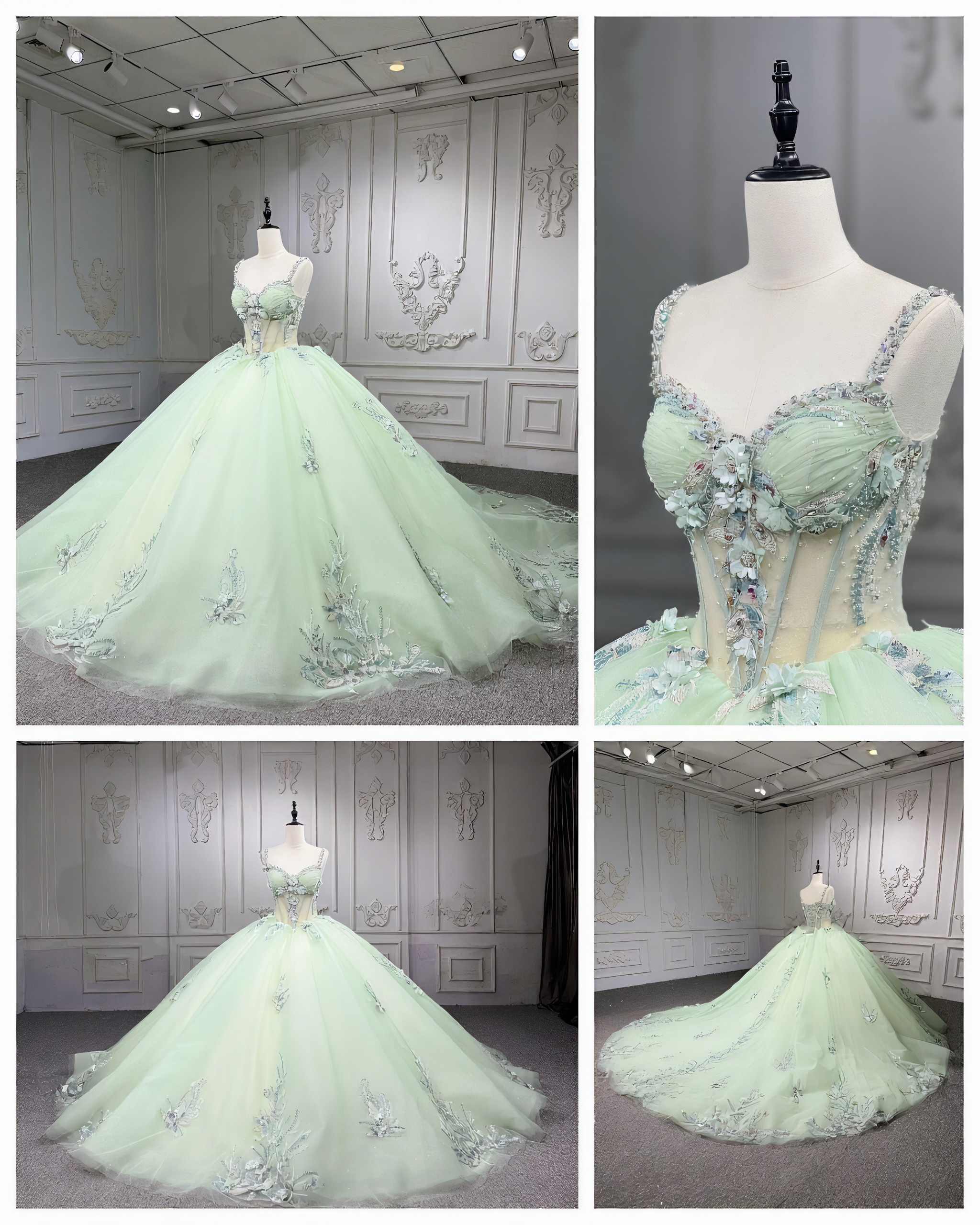 見逃さない　ミントグリーン　お花飾り　チュール　短いトレーン　パーティー演奏会音楽会成人式卒業式　サイズオーダー可能花嫁