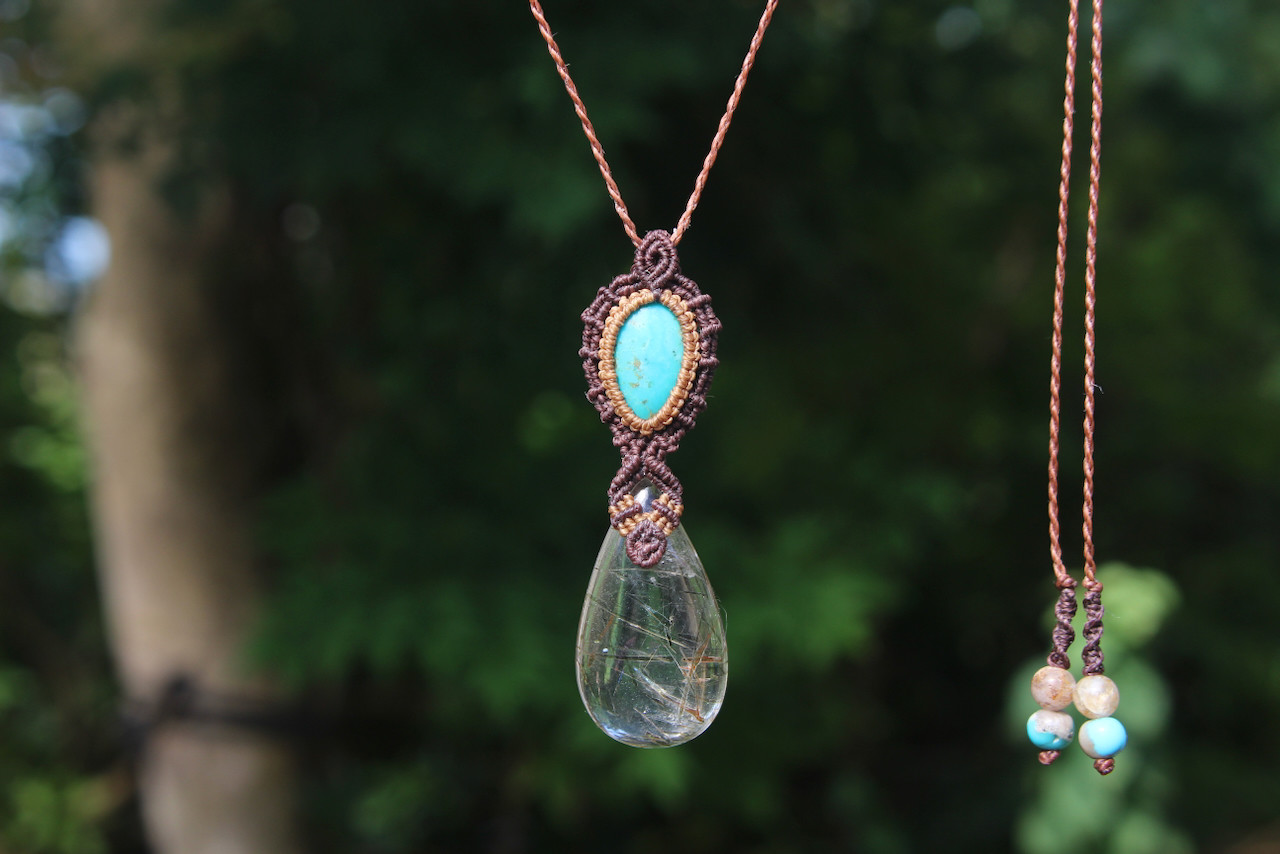 ルチルクォーツ　ペルシアン　ターコイズ　マイクロ　マクラメ　ペンダント