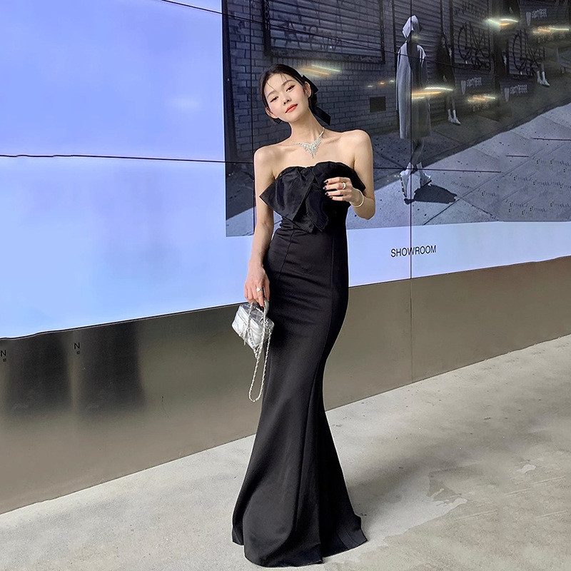 マーメイドドレス オフショルダー 白 黒 シンプル 韓国風 結婚式 パーティー 演奏会 前撮り お呼ばれ AK526