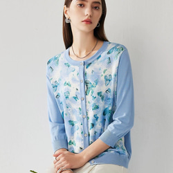 3色 シルクコットンフラワープリント柄のセーター/カーディガン 七分袖