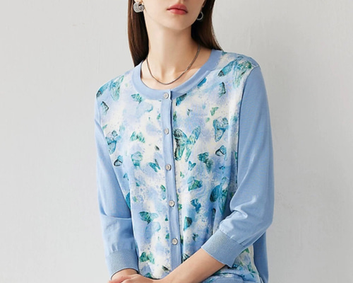 3色 シルクコットンフラワープリント柄のセーター/カーディガン 七分袖