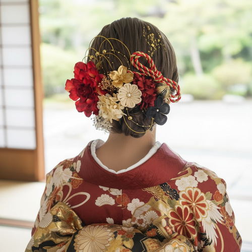 A525 ドライフラワー 髪飾り 赤黒ゴールド 卒業式 袴 成人式 振袖 結婚