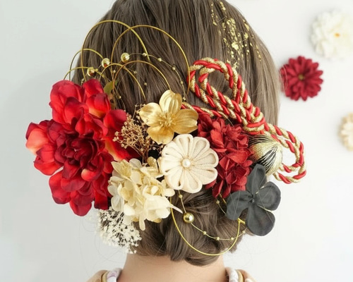 ドライフラワーガーベラ／ヘアゴム 約3.5cm A525 ドライフラワー 髪飾り 赤黒ゴールド 卒業式 袴 成人式 振袖 結婚