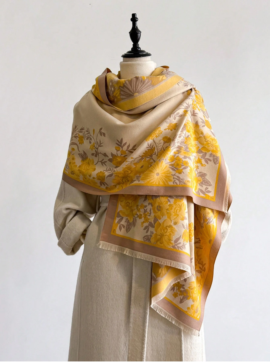 【受注制作】イエローフラワーのジャカード織り大判ストール マフラー