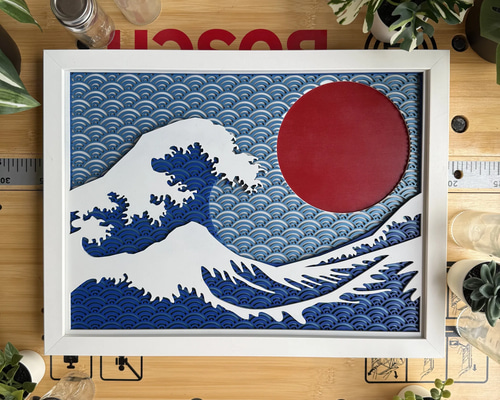 神奈川沖浪裏 赤い太陽の木製立体アート｜和モダン壁掛け作品 立体