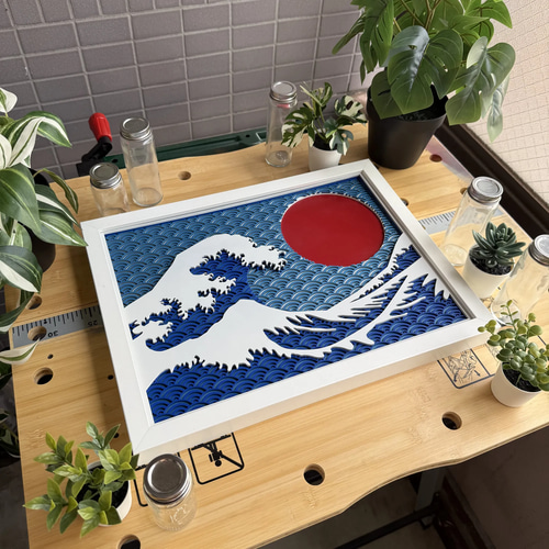 神奈川沖浪裏 赤い太陽の木製立体アート｜和モダン壁掛け作品 立体