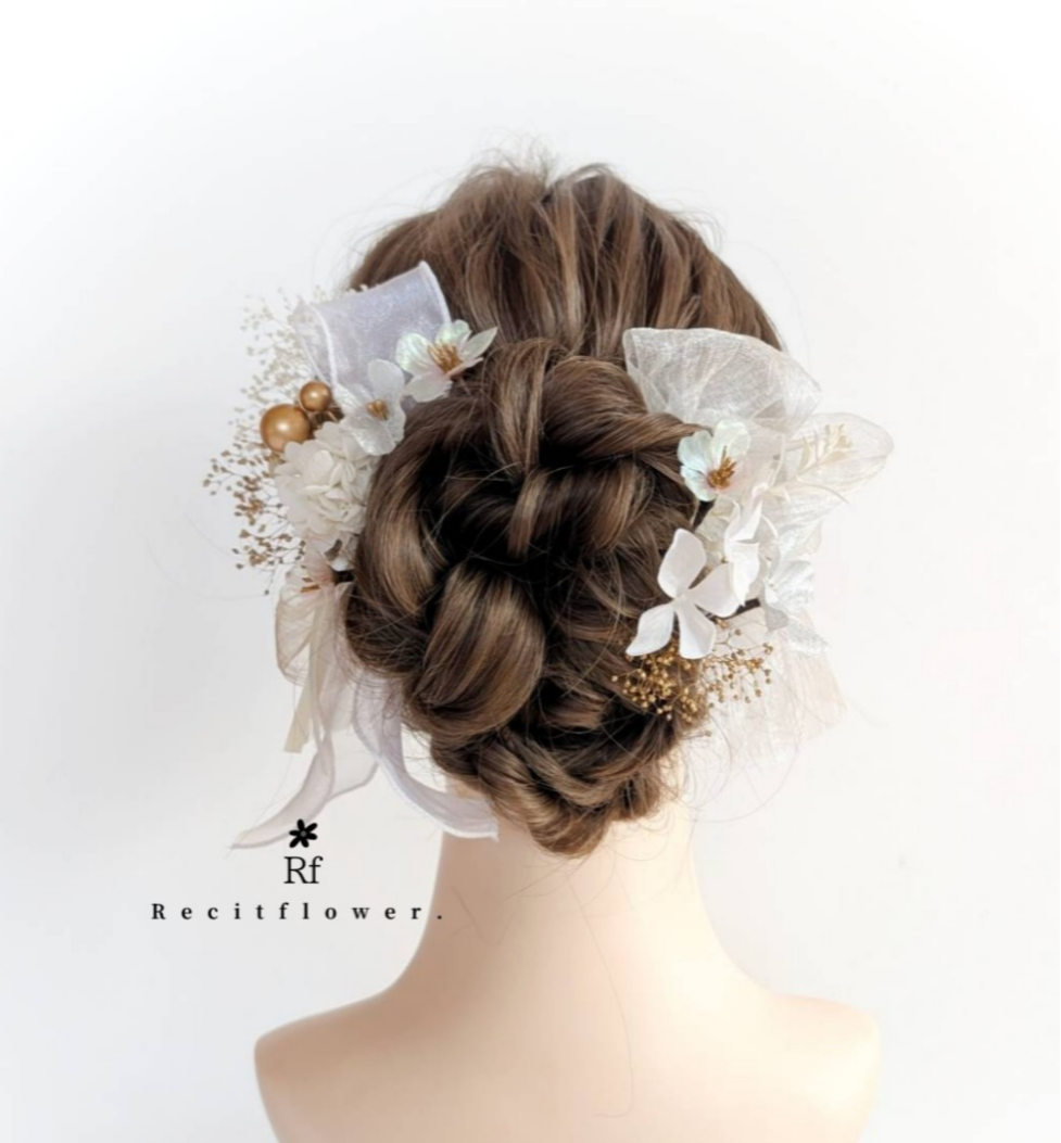 桜 リボンの髪飾り 成人式 卒業式 結婚式 七五三 白 ゴールド RC273